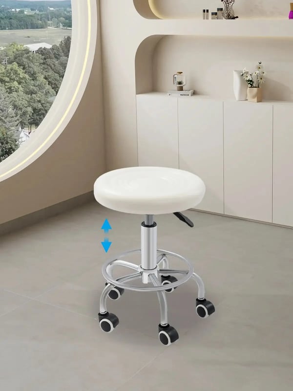 Rund taburet med hjul - Salontaburet - Højdejusterbar - Fodstøtte - 5 Hjul - Max 150 kg - Sæde Ø33 cm, base Ø35 cm - Til spa, salon, massage - Hvid