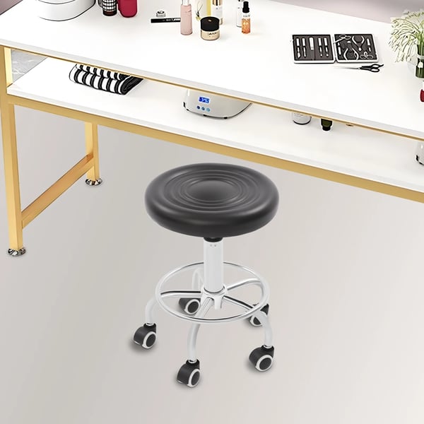 Rund rulletaburet - Salon- og massagetaburet - Højdejusterbar - 5 hjul - Fodstøtte - Max 150 kg - Sæde Ø 33 cm, understel Ø 35 cm - Sort