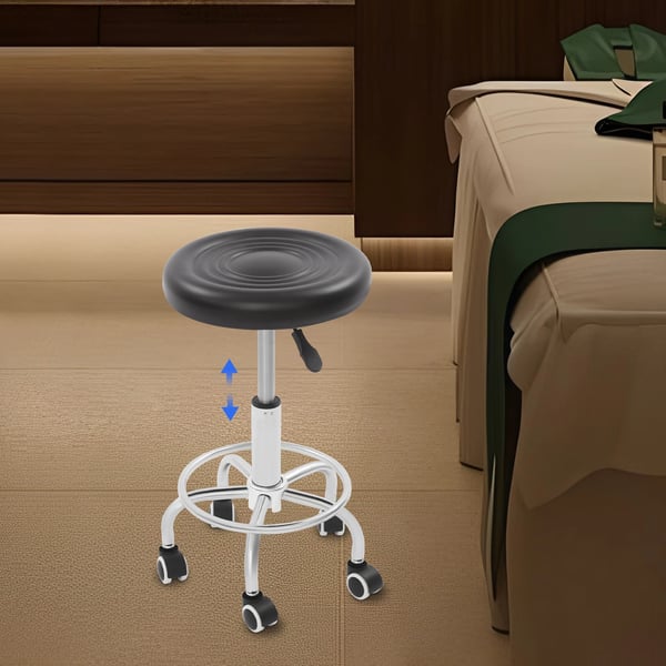 Rund rulletaburet - Salon- og massagetaburet - Højdejusterbar - 5 hjul - Fodstøtte - Max 150 kg - Sæde Ø 33 cm, understel Ø 35 cm - Sort