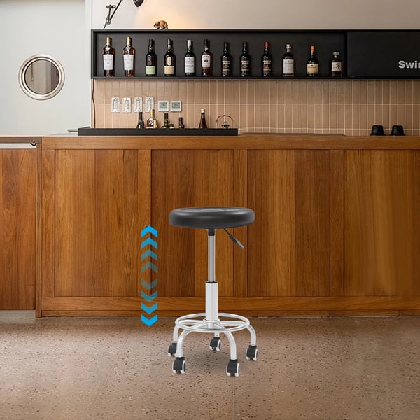 Rund rulletaburet - Salon- og massagetaburet - Højdejusterbar - 5 hjul - Fodstøtte - Max 150 kg - Sæde Ø 33 cm, understel Ø 35 cm - Sort