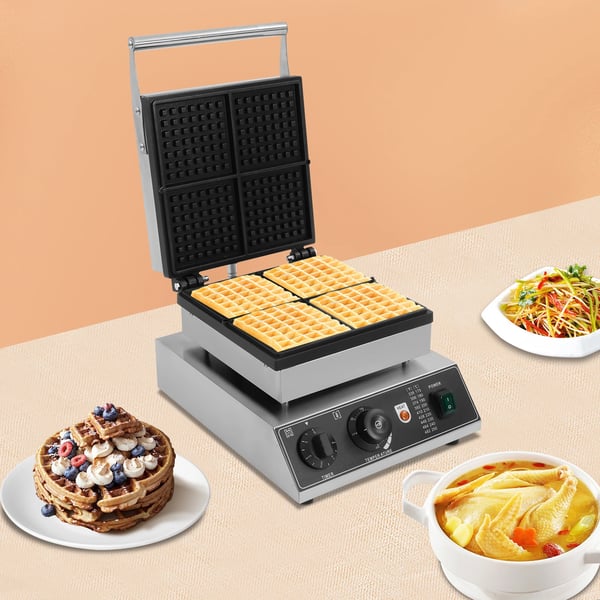 Kommercielt vaffeljern - Elektrisk bordmodel - 1750 W - Non-stick plader - Timer 0–5 min - EU-stik - Sølv/Sort