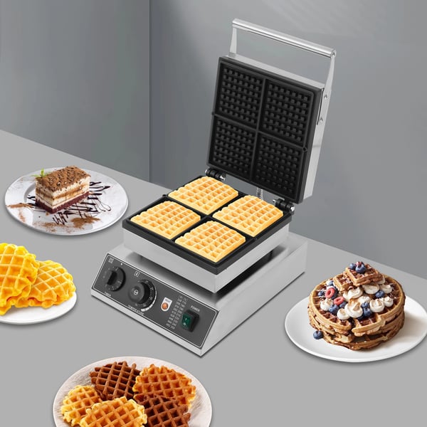 Kommercielt vaffeljern - Elektrisk bordmodel - 1750 W - Non-stick plader - Timer 0–5 min - EU-stik - Sølv/Sort