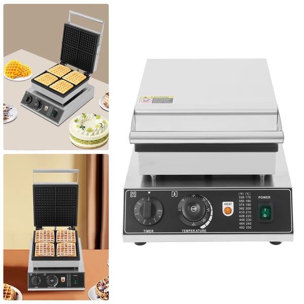 Kommercielt vaffeljern - Elektrisk bordmodel - 1750 W - Non-stick plader - Timer 0–5 min - EU-stik - Sølv/Sort