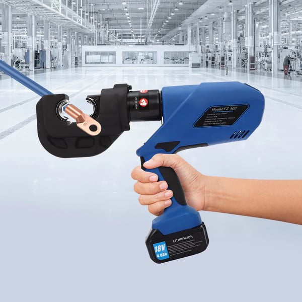 Hydraulisk crimpetang - Batteridrevet elektrisk - 120 kN - 12 pressebakker 16–400 mm² - Værktøjssæt - Blå/Sort