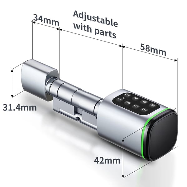 Smart Dørlås - Låsecylinder - App/Pinkode/RFID-kort/Nøgle - Rund Poleret - Aluminiumlegering - Passer 35–45 mm - Nøgler Medfølger - Sølv