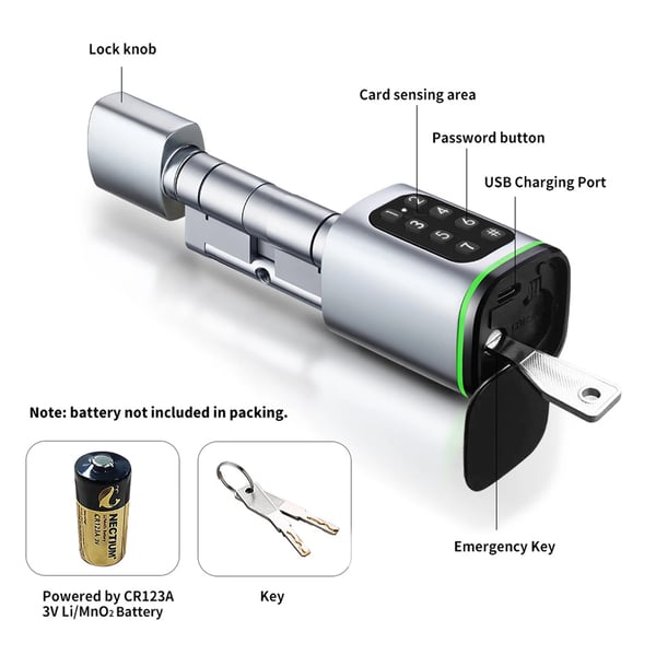 Smart Dørlås - Låsecylinder - App/Pinkode/RFID-kort/Nøgle - Rund Poleret - Aluminiumlegering - Passer 35–45 mm - Nøgler Medfølger - Sølv