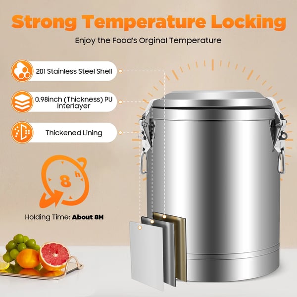 Isoleret madbeholder - Termospand 14 L - 201 Rustfrit Stål - 8 Timers Varmholdning - PU-isolering 2,5 cm - Til Catering - Orange