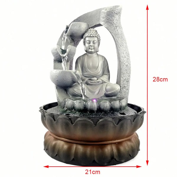 Buddha indendørs vandfontæne - Bordvandfald - LED-lys - Lotusbase - Stille Afslappende Lyd - Harpiks - Netdrevet - Grå