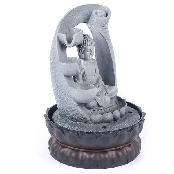 Buddha indendørs vandfontæne - Bordvandfald - LED-lys - Lotusbase - Stille Afslappende Lyd - Harpiks - Netdrevet - Grå