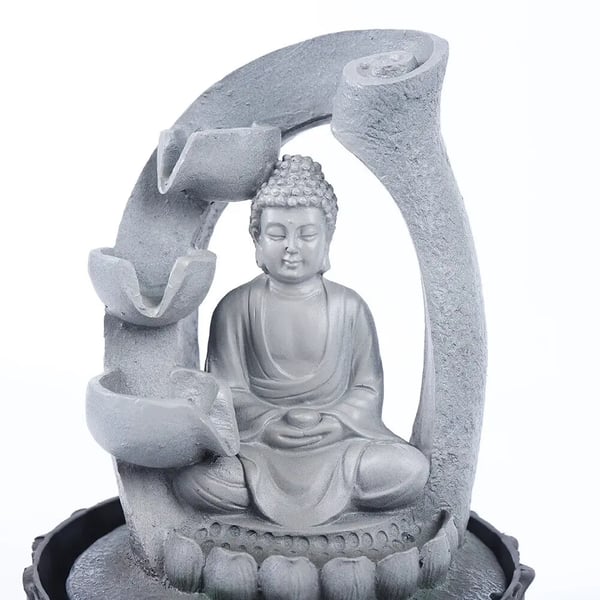 Buddha indendørs vandfontæne - Bordvandfald - LED-lys - Lotusbase - Stille Afslappende Lyd - Harpiks - Netdrevet - Grå