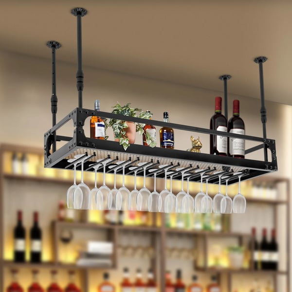 Vinreol med glasholder - Loftmonteret hængehylde - 100 cm - Max 50 kg - Flydende design - Sort