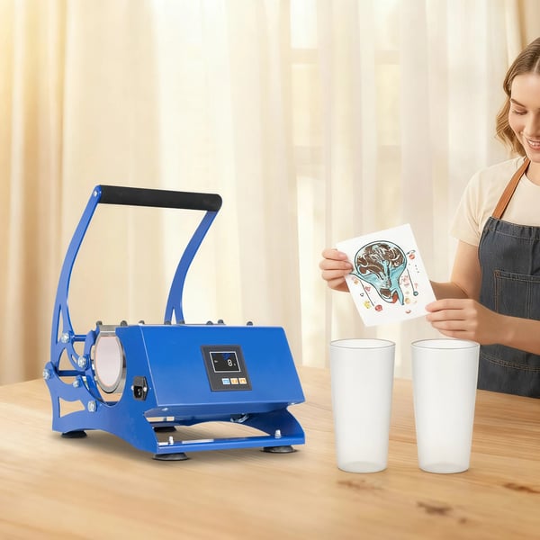 Kruspresse - 6-in-1 Varmepresse til Sublimering - 500 W - Temperatur- og Tidsstyring - Udskiftelige Varmeelementer - 50 Hz - Blå