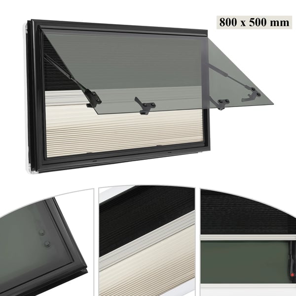Autocamper Campingvogn Trailer Sidevindue - Udklapningsvindue - 800 x 500 mm - Åbningsvinkel 0–85° - Med Myggenet - Hvid