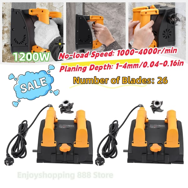 Elektrisk pudsfræser - Vægplaner - Effekt 1200 W - Bredde 15 cm - Dybde 1–4 mm - Omdrejninger 4000 rpm - EU-stik 220 V - Glatte klinger - Sort