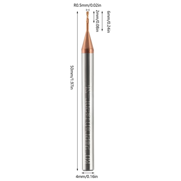 Konisk kuglenæsefræser - Endefræser - Solid hårdmetal - 6 mm - HRC55 - 2 skær - CNC til træ og metalgravering - Sølv