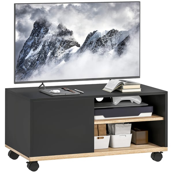 TV-bänk - TV-bord på hjul - För TV upp till 107 cm - Med 1 dörr - Med 2 öppna fack - Justerbar hylla - Modern design - Svart