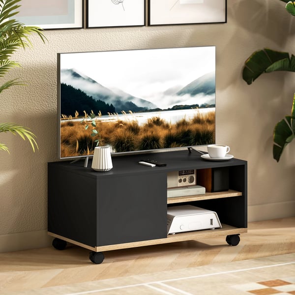 TV-bänk - TV-bord på hjul - För TV upp till 107 cm - Med 1 dörr - Med 2 öppna fack - Justerbar hylla - Modern design - Svart