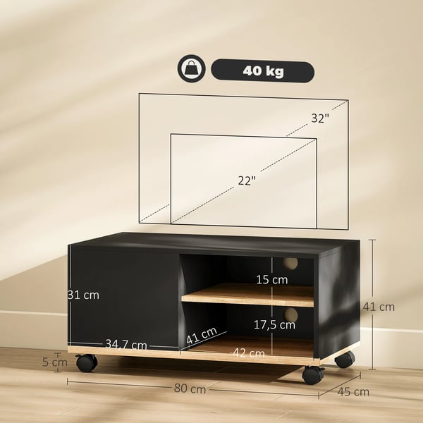 TV-bänk - TV-bord på hjul - För TV upp till 107 cm - Med 1 dörr - Med 2 öppna fack - Justerbar hylla - Modern design - Svart