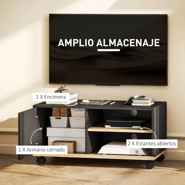 TV-bänk - TV-bord på hjul - För TV upp till 107 cm - Med 1 dörr - Med 2 öppna fack - Justerbar hylla - Modern design - Svart