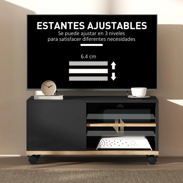 TV-bänk - TV-bord på hjul - För TV upp till 107 cm - Med 1 dörr - Med 2 öppna fack - Justerbar hylla - Modern design - Svart