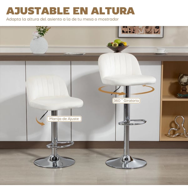 Set med 2 barstolar - Hög köksstol - Svängbar sits, 81 cm sitthöjd - Rygg- och fotstöd - Sammetklädsel - Enkel montering - Kräm
