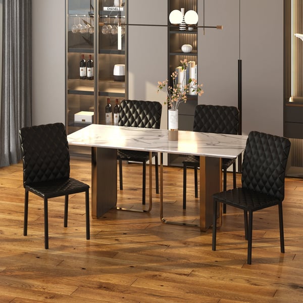 Set med 4 matstolar - Köksstolar - Modern design - Högt ryggstöd - Diamantmönster - Konstläder - Stålben - Svart