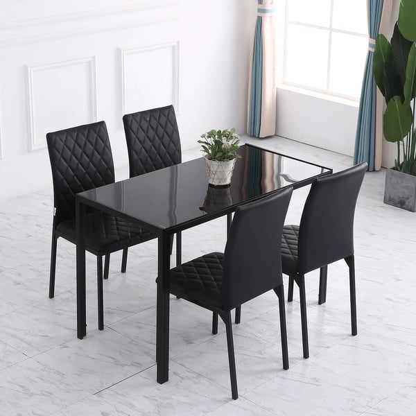 Set med 4 matstolar - Köksstolar - Modern design - Högt ryggstöd - Diamantmönster - Konstläder - Stålben - Svart