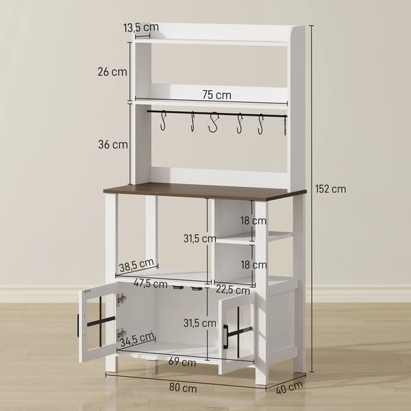Köksskåp - Högskåp - 2 glasdörrar - Öppna hyllor - 6 muggkrokar - 80×40×152 cm - Montering krävs - Vit
