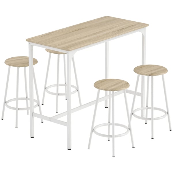 Barbordset - Högt bord med 4 pallar - Platsbesparande - 110×50×89,5 cm - För små utrymmen, kök, matrum, balkong - Natur och vit