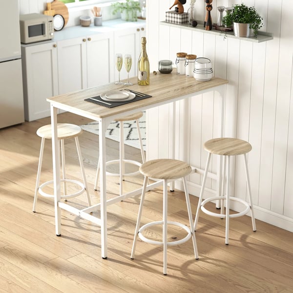 Barbordset - Högt bord med 4 pallar - Platsbesparande - 110×50×89,5 cm - För små utrymmen, kök, matrum, balkong - Natur och vit