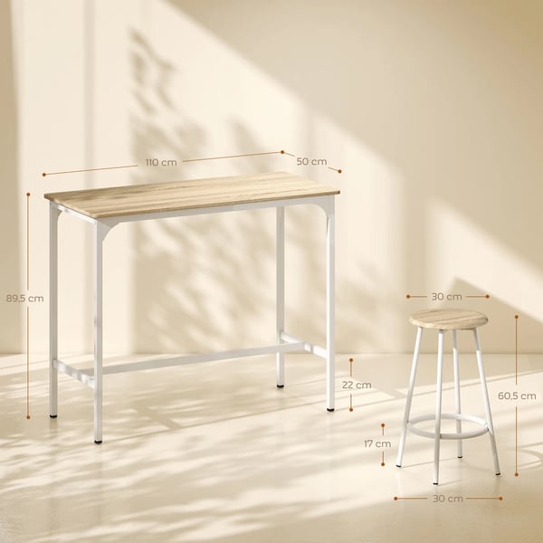 Barbordset - Högt bord med 4 pallar - Platsbesparande - 110×50×89,5 cm - För små utrymmen, kök, matrum, balkong - Natur och vit