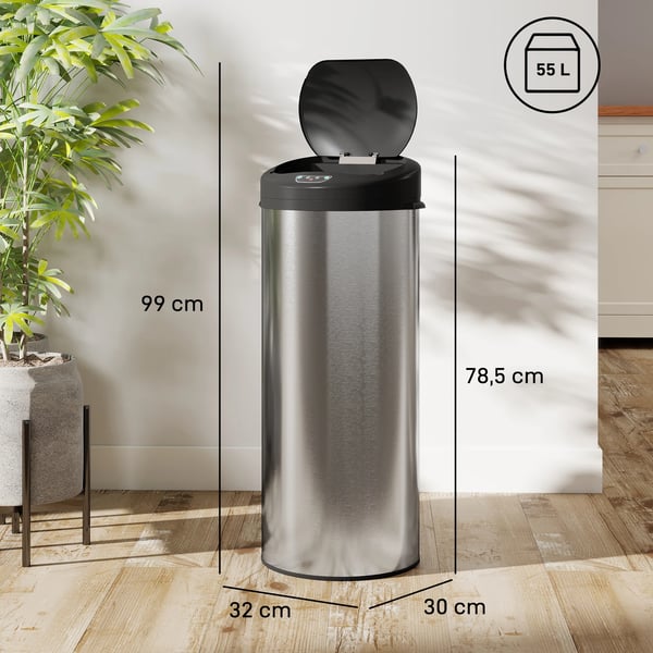 Automatisk kökssoptunna - Sophink med sensor - 55 l - Rostfritt stål - Mjukstängande lock - Anti-fingeravtryck - Inre klämring - Silver