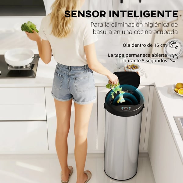Automatisk kökssoptunna - Sophink med sensor - 55 l - Rostfritt stål - Mjukstängande lock - Anti-fingeravtryck - Inre klämring - Silver