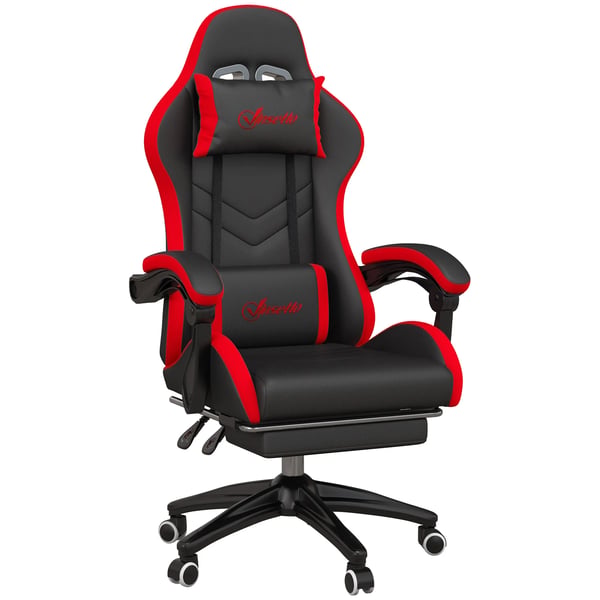 Ergonomisk gamingstol - Racingstol - 135° Lutning - PU‑Läder - Ländryggsstöd - Justerbar Höjd - Nackstöd - Infällbart Fotstöd - Svart/Röd