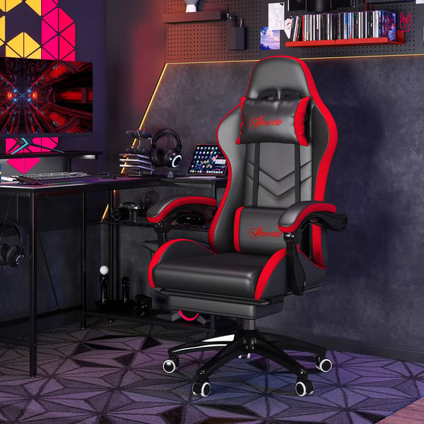 Ergonomisk gamingstol - Racingstol - 135° Lutning - PU‑Läder - Ländryggsstöd - Justerbar Höjd - Nackstöd - Infällbart Fotstöd - Svart/Röd