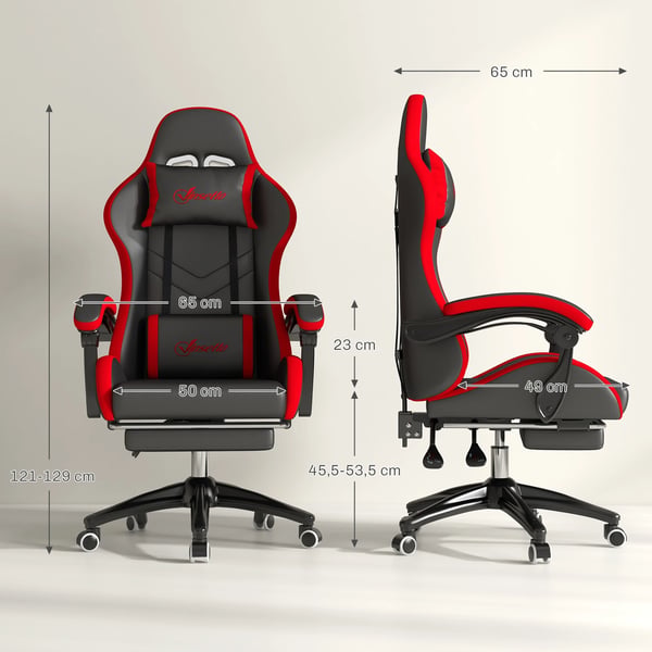 Ergonomisk gamingstol - Racingstol - 135° Lutning - PU‑Läder - Ländryggsstöd - Justerbar Höjd - Nackstöd - Infällbart Fotstöd - Svart/Röd