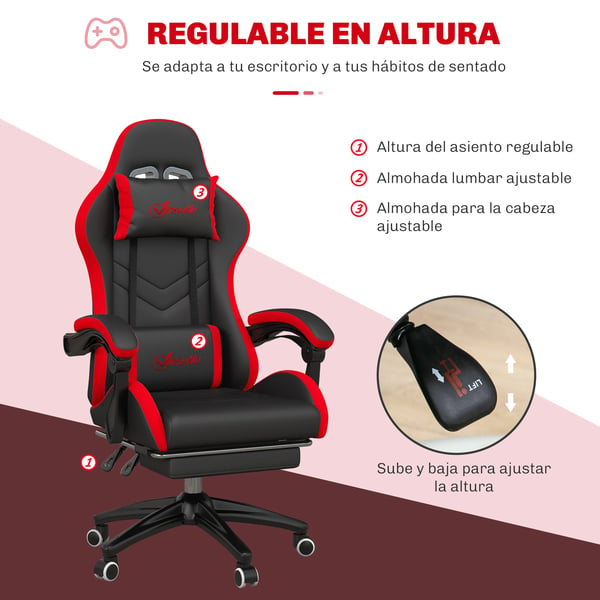 Ergonomisk gamingstol - Racingstol - 135° Lutning - PU‑Läder - Ländryggsstöd - Justerbar Höjd - Nackstöd - Infällbart Fotstöd - Svart/Röd