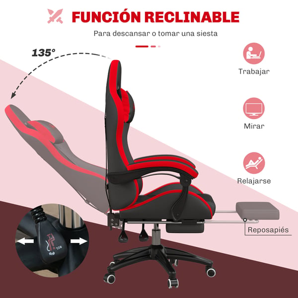 Ergonomisk gamingstol - Racingstol - 135° Lutning - PU‑Läder - Ländryggsstöd - Justerbar Höjd - Nackstöd - Infällbart Fotstöd - Svart/Röd