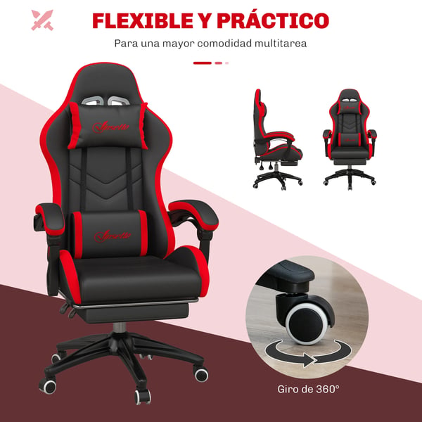 Ergonomisk gamingstol - Racingstol - 135° Lutning - PU‑Läder - Ländryggsstöd - Justerbar Höjd - Nackstöd - Infällbart Fotstöd - Svart/Röd