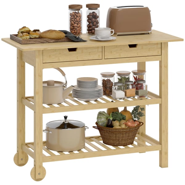 Köksvagn - Serveringsvagn - 2 lådor - 2 ribbhyllor - 2 hjul i bambu - 100×43×75 cm - Naturträ