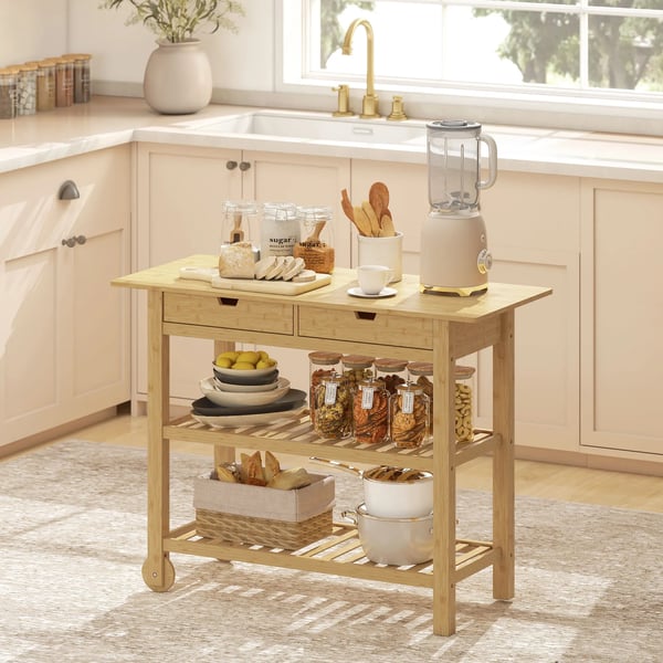 Köksvagn - Serveringsvagn - 2 lådor - 2 ribbhyllor - 2 hjul i bambu - 100×43×75 cm - Naturträ