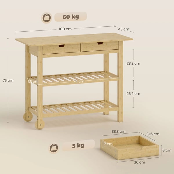 Köksvagn - Serveringsvagn - 2 lådor - 2 ribbhyllor - 2 hjul i bambu - 100×43×75 cm - Naturträ