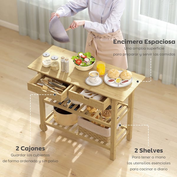 Köksvagn - Serveringsvagn - 2 lådor - 2 ribbhyllor - 2 hjul i bambu - 100×43×75 cm - Naturträ
