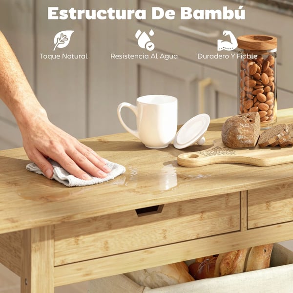 Köksvagn - Serveringsvagn - 2 lådor - 2 ribbhyllor - 2 hjul i bambu - 100×43×75 cm - Naturträ