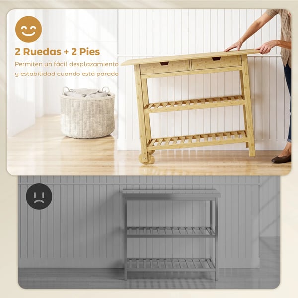 Köksvagn - Serveringsvagn - 2 lådor - 2 ribbhyllor - 2 hjul i bambu - 100×43×75 cm - Naturträ