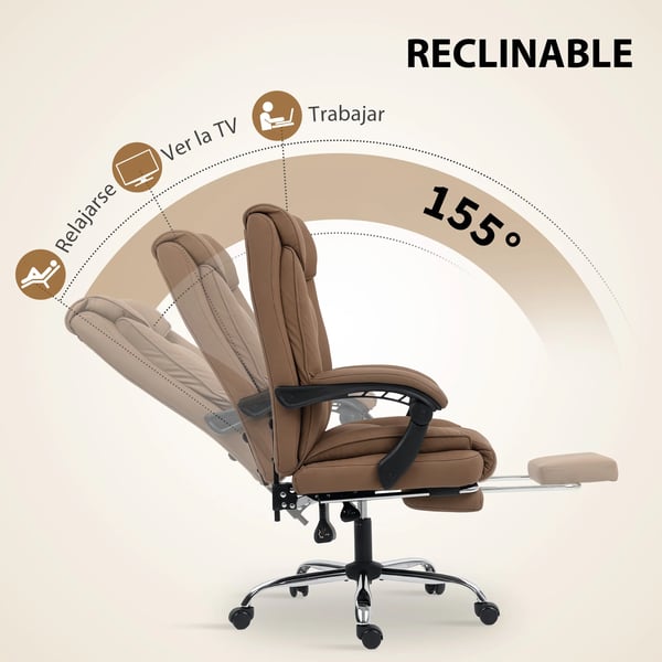 Ergonomisk kontorsstol - Snurrstol med fotstöd - Hög rygg, Lutningsbar, Extra tjock stoppning, Syntetläder, Justerbar höjd - Brun