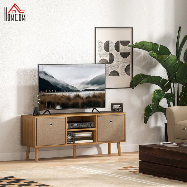 TV-möbel - TV-bänk - 2 tyglådor - 2 öppna hyllor - Kabelhål - För TV upp till 127 cm - Längd 110 cm - Trä - Brun