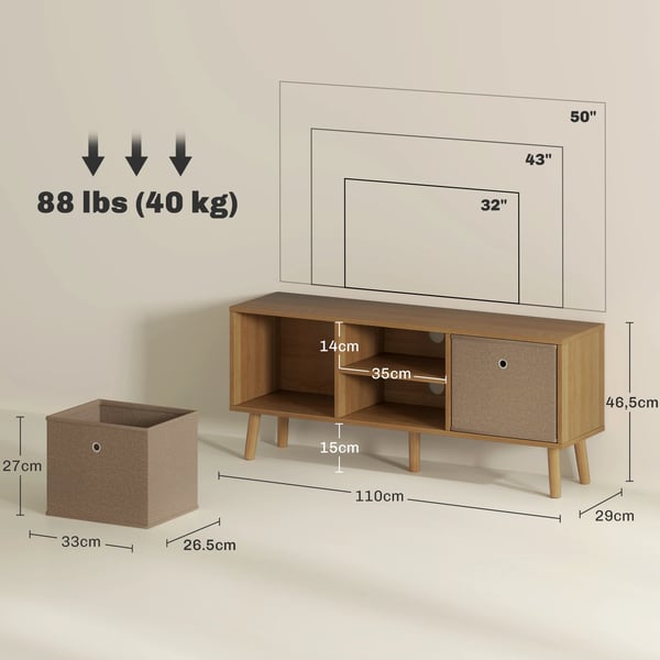 TV-möbel - TV-bänk - 2 tyglådor - 2 öppna hyllor - Kabelhål - För TV upp till 127 cm - Längd 110 cm - Trä - Brun