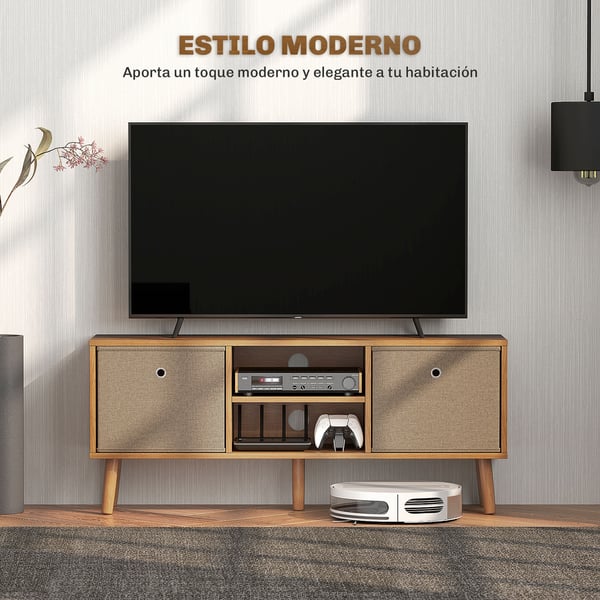 TV-möbel - TV-bänk - 2 tyglådor - 2 öppna hyllor - Kabelhål - För TV upp till 127 cm - Längd 110 cm - Trä - Brun