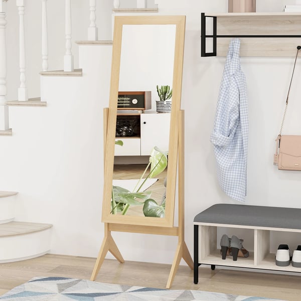 Spegel - Golvspegel/Helspegel - 47×46×148 cm - Fristående med ställ - Tiltbar - Rektangulär ram - Montering krävs - Ek